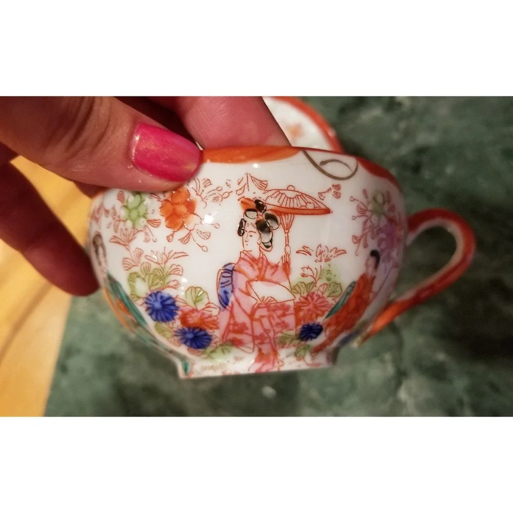 Antique Japanese Kutani Geisha Girl Hand Painted Cup & Saucer Set of 2